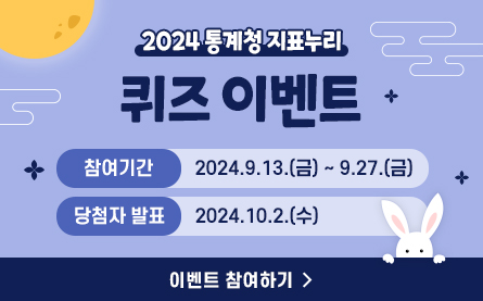 2024 통계청 지표누리 퀴즈 이벤트, 참여기간 : 2024.9.13(금)~9.27(금), 당첨자 발표 2024.10.2(수), 이벤트 참여하기