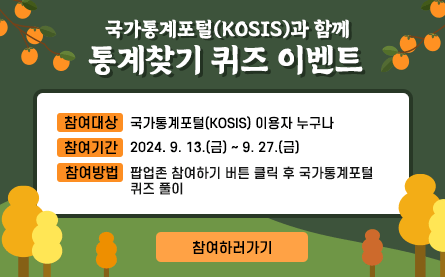 국가통계포털(KOSIS)과 함께 통계찾기 퀴즈이벤트, 참여대상 : 국가통계포털(KOSIS )이용자 누구나, 참여기간 : 2024.9.13(금) ~ 9.27(금), 참여방법 : 팝업존 참여하기 버튼 클릭 후 국가통계포털 퀴즈 풀이, 참여하러가기